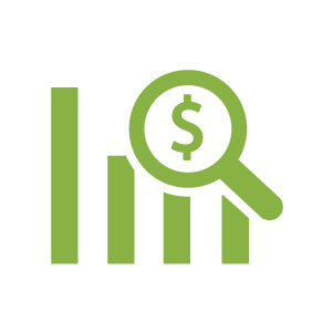 icon of graph and magnifying glass with dollar sign in it